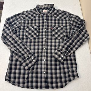Levi’s Pearl Snap Western Shirt Long Sleeve Button Down Men L Black Gray Flannel